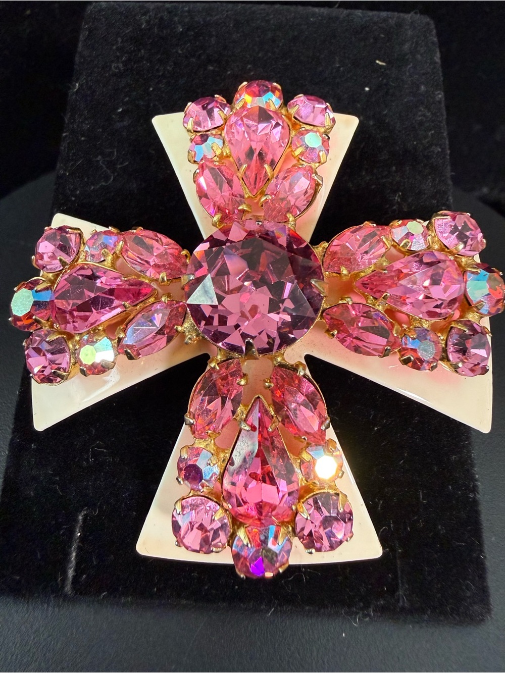 Pink Crystal Cross Brooch - Sparkling Pink Statement Jewelry